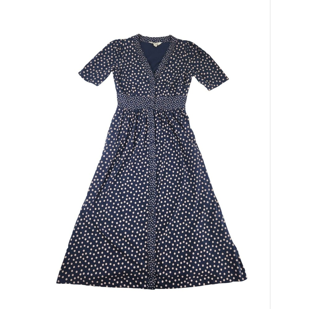 Boden Natalia Jersey Tea Midi Dress Womens Size 2 Navy Pink Polka Dot Pockets - Picture 2 of 9
